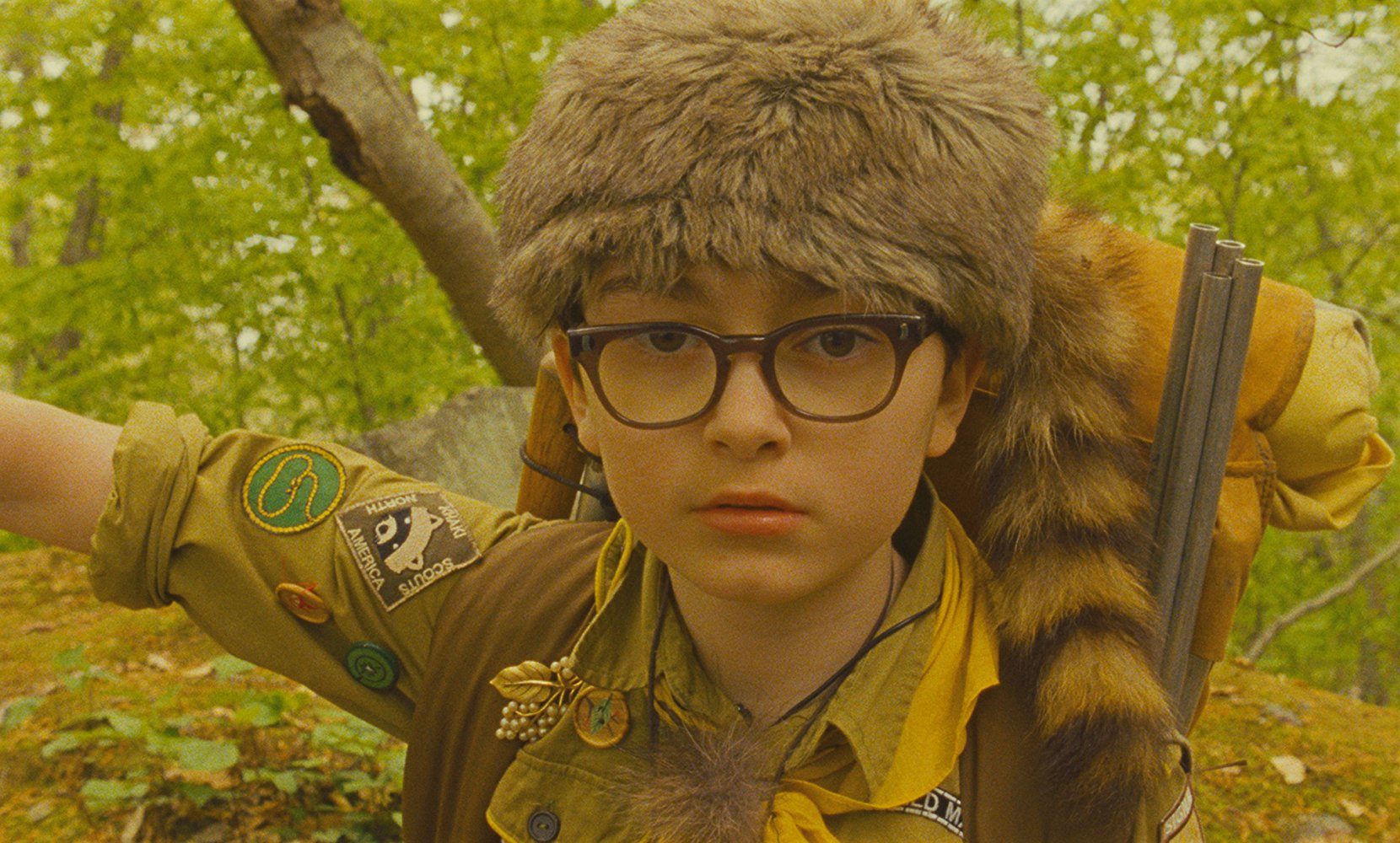 A scene from Moonrise Kingdom, showing a closeup of a character and color graded with yellow and green