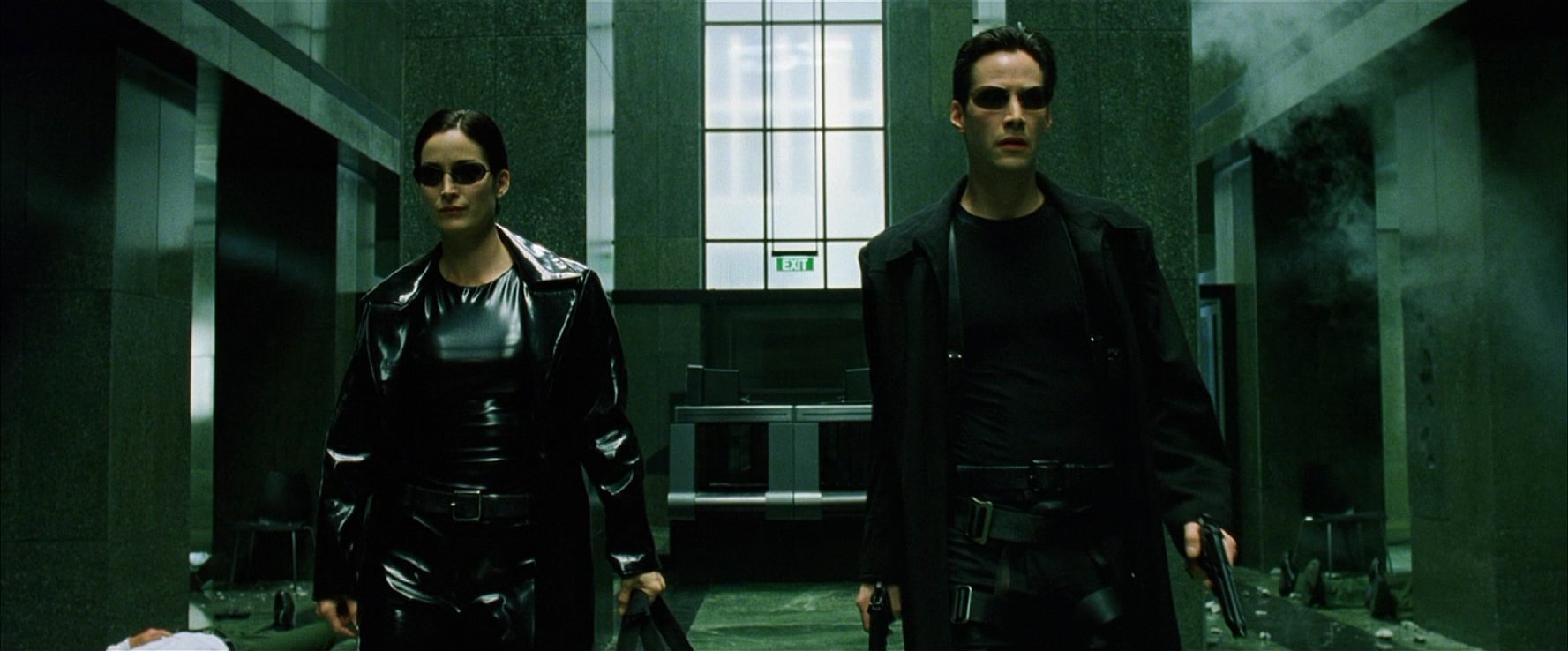 A scene from The Matrix, with a dark green color scheme