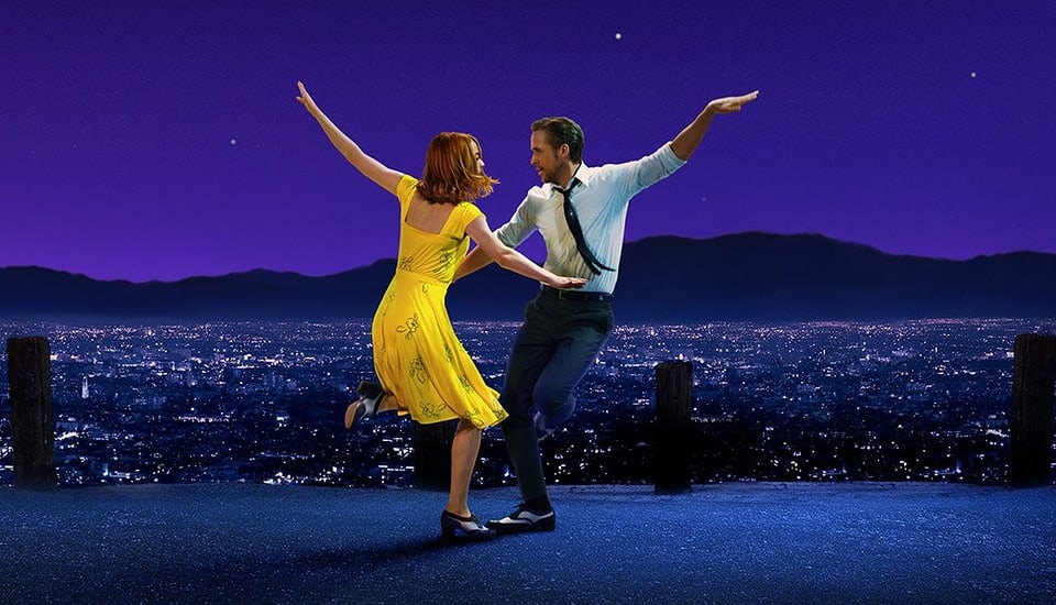 Dancing scene from La La Land, with characters set across a dark purple skyline