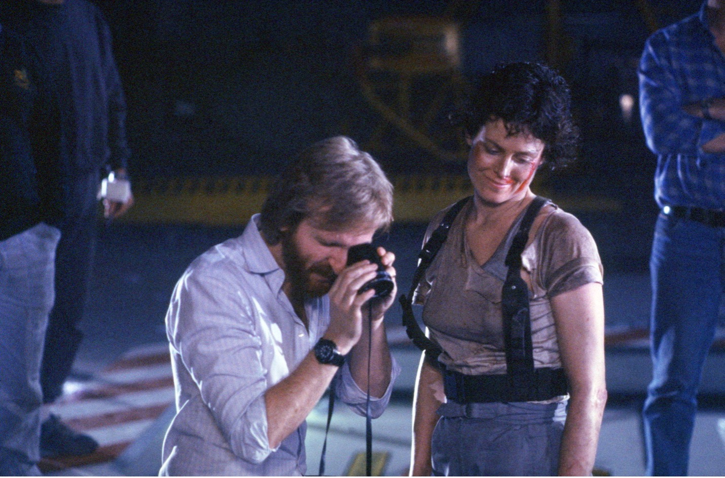 James Cameron and Sigourney Weaver on the set of Aliens
