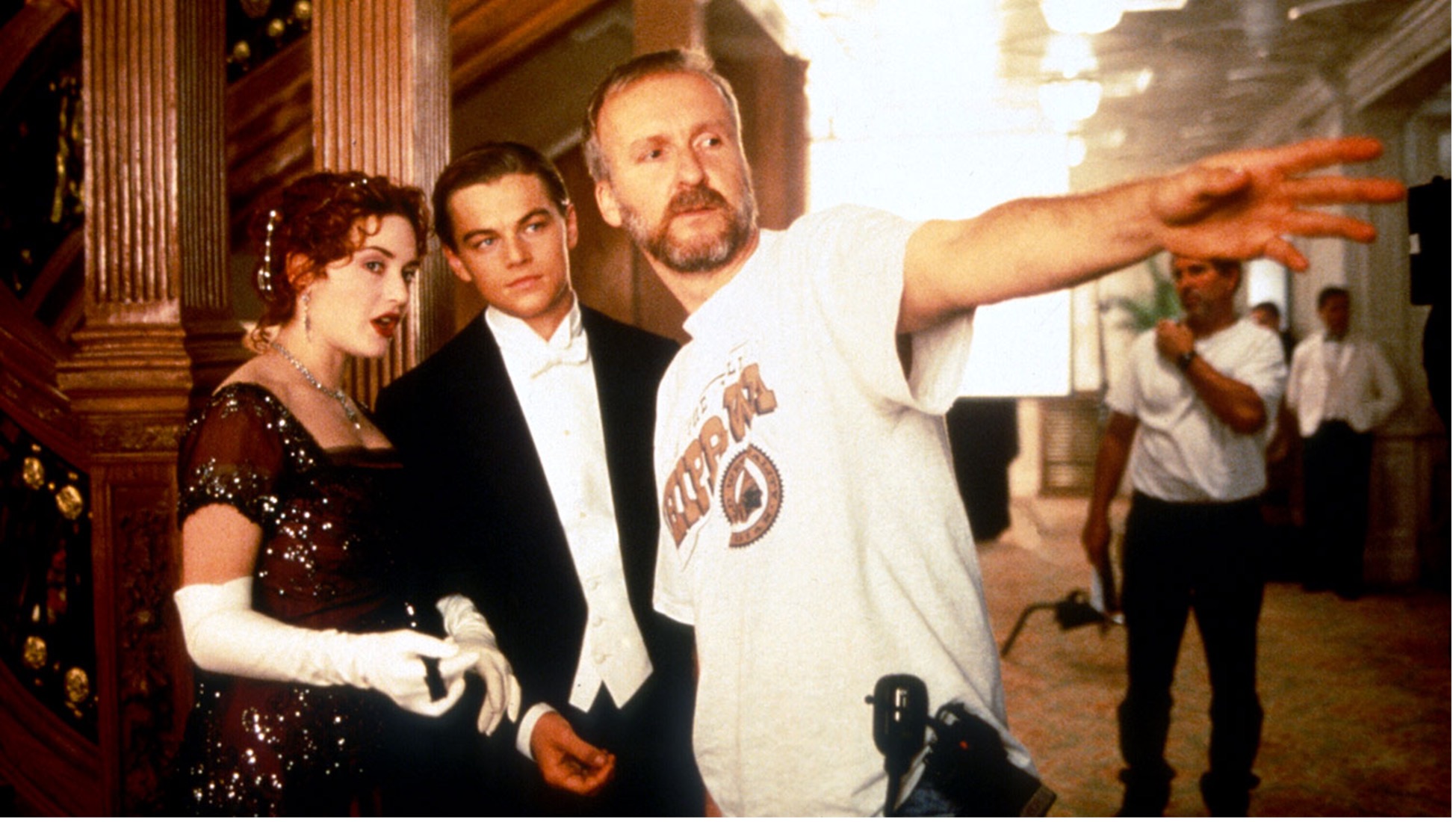 James Cameron, Leonardo DiCaprio, and Kate Winslet on the set of Titanic