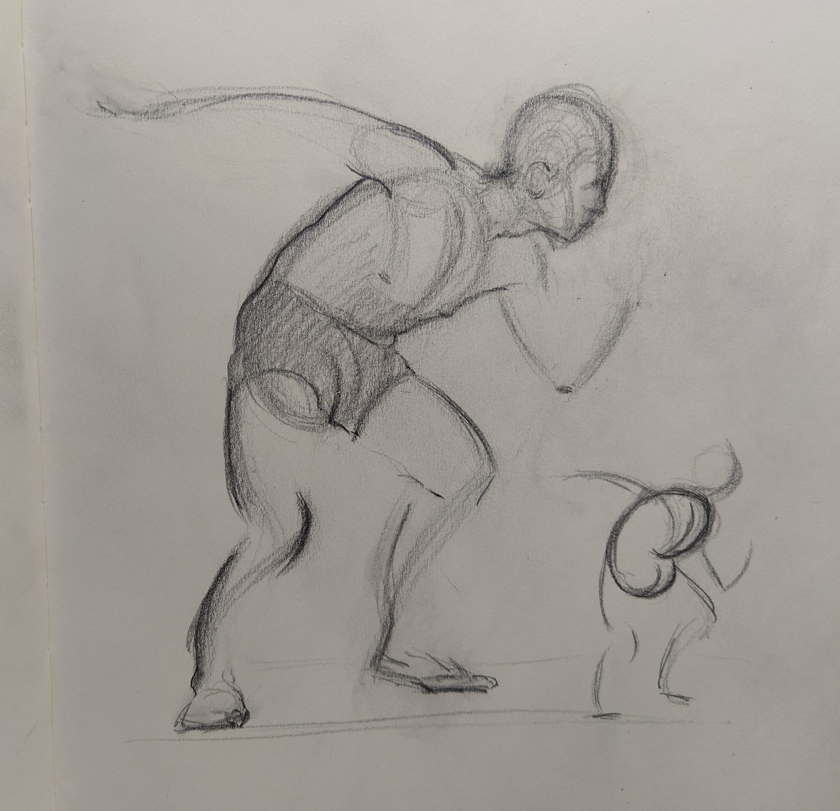 Sketch of a character leaning forward, with their left leg and arm bent and moving forward, while their right arm and leg move backward