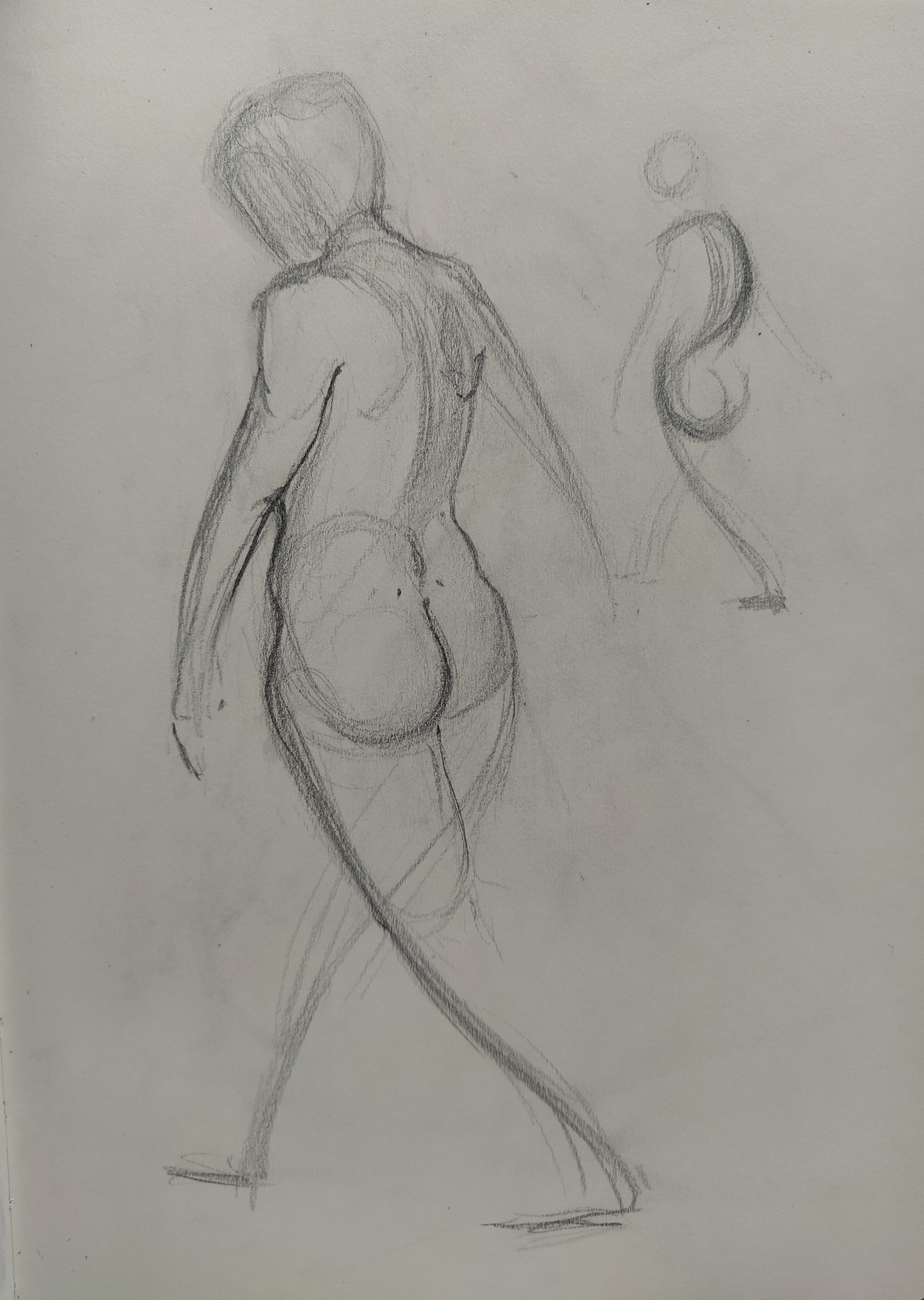 Sketch of a character walking away from the viewer, with their right leg striding forward