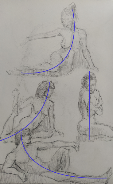 curved and straight lines of action in various seated characters