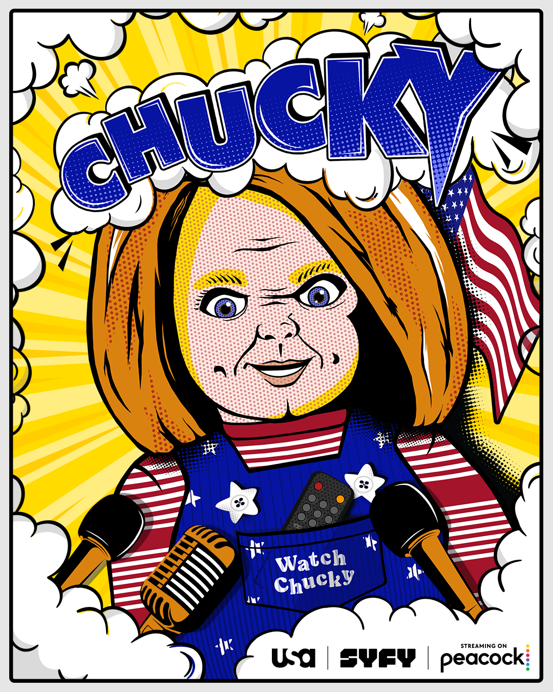 A pop art style poster of Chucky stylized like an American political campaign poster