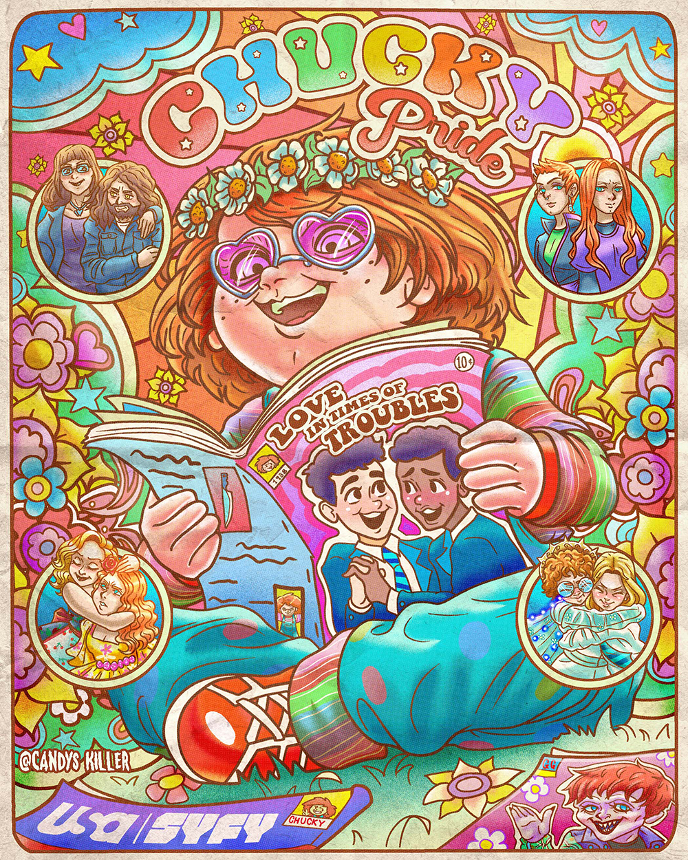 A poster of Chucky drawn in a hippie style with Chucky wearing a flower crown and reading a queer comic book