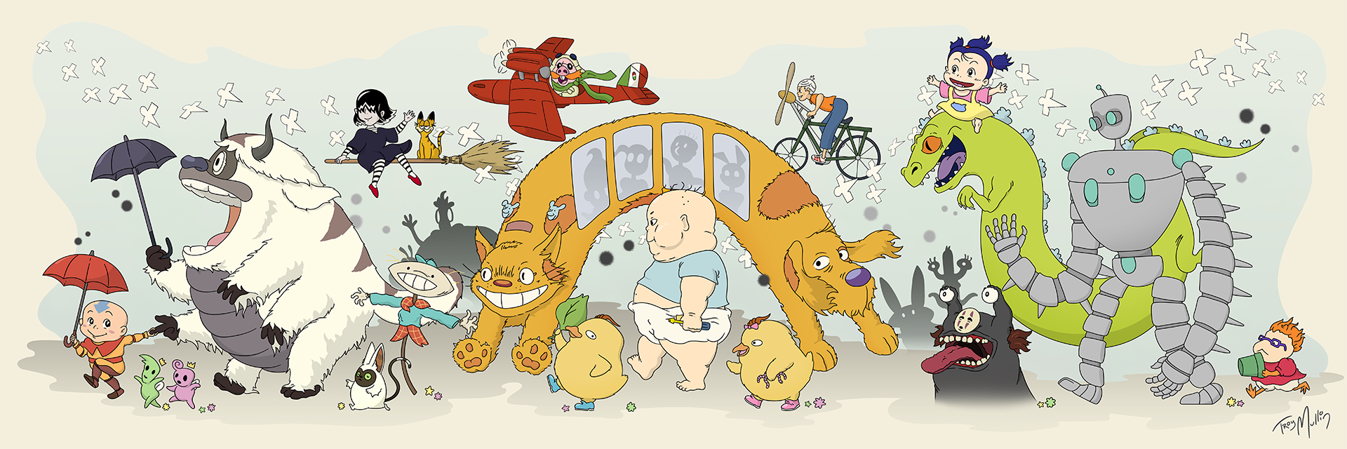 A collage of Miyazaki characters stylized as Nickelodeon characters (e.g. a CatDog bus)
