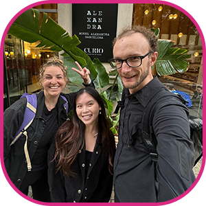 Photo of three creators from The Heist on set for Hilton
